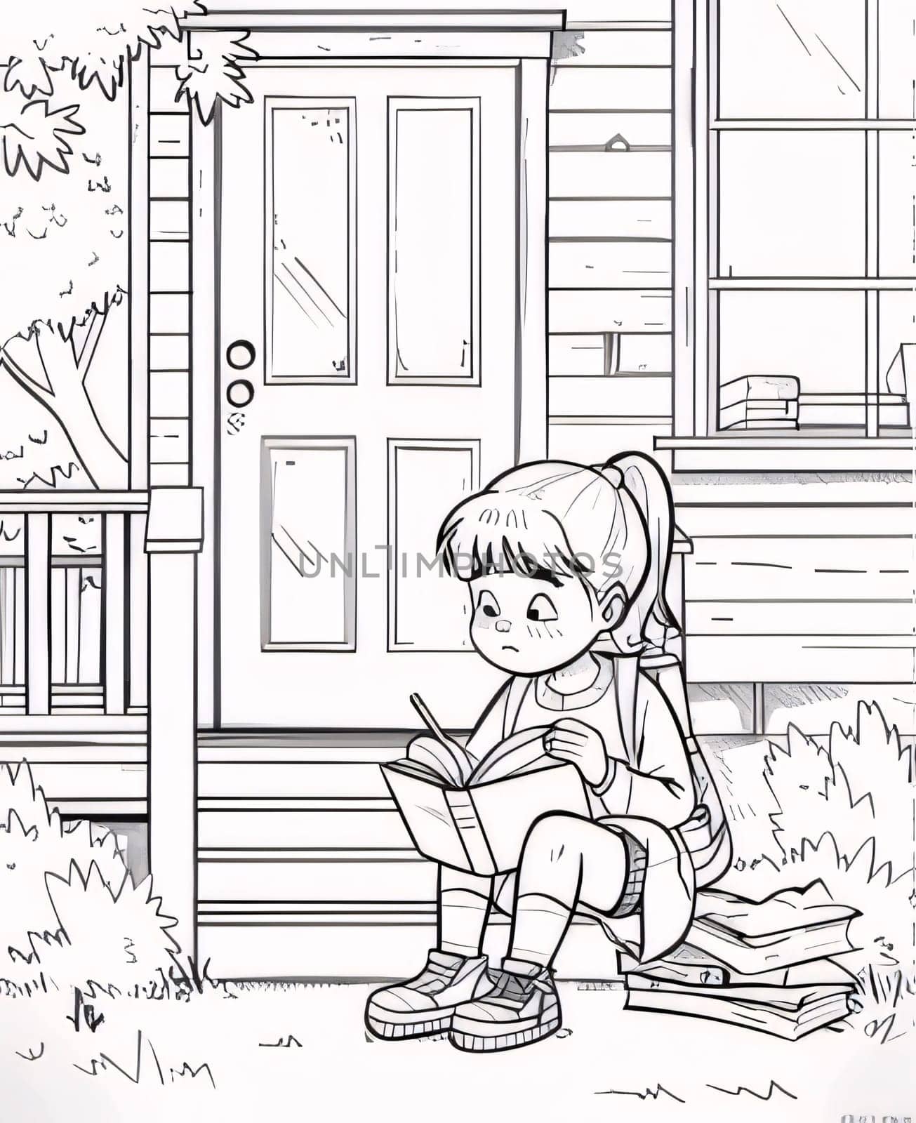 Illustration of a Little Boy Reading a Book While Sitting on the Front Door of a House by ThemesS