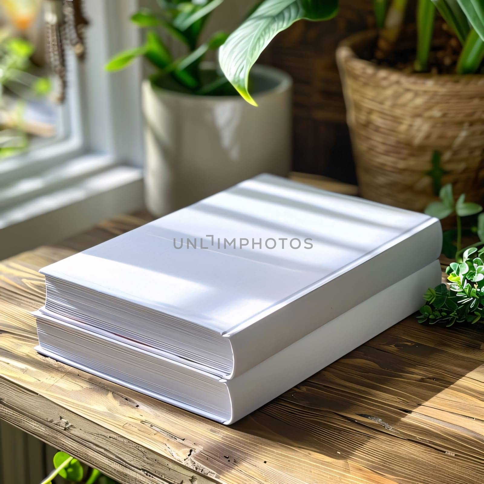 World Book Day: Blank white book mockup on wooden table with green plants.