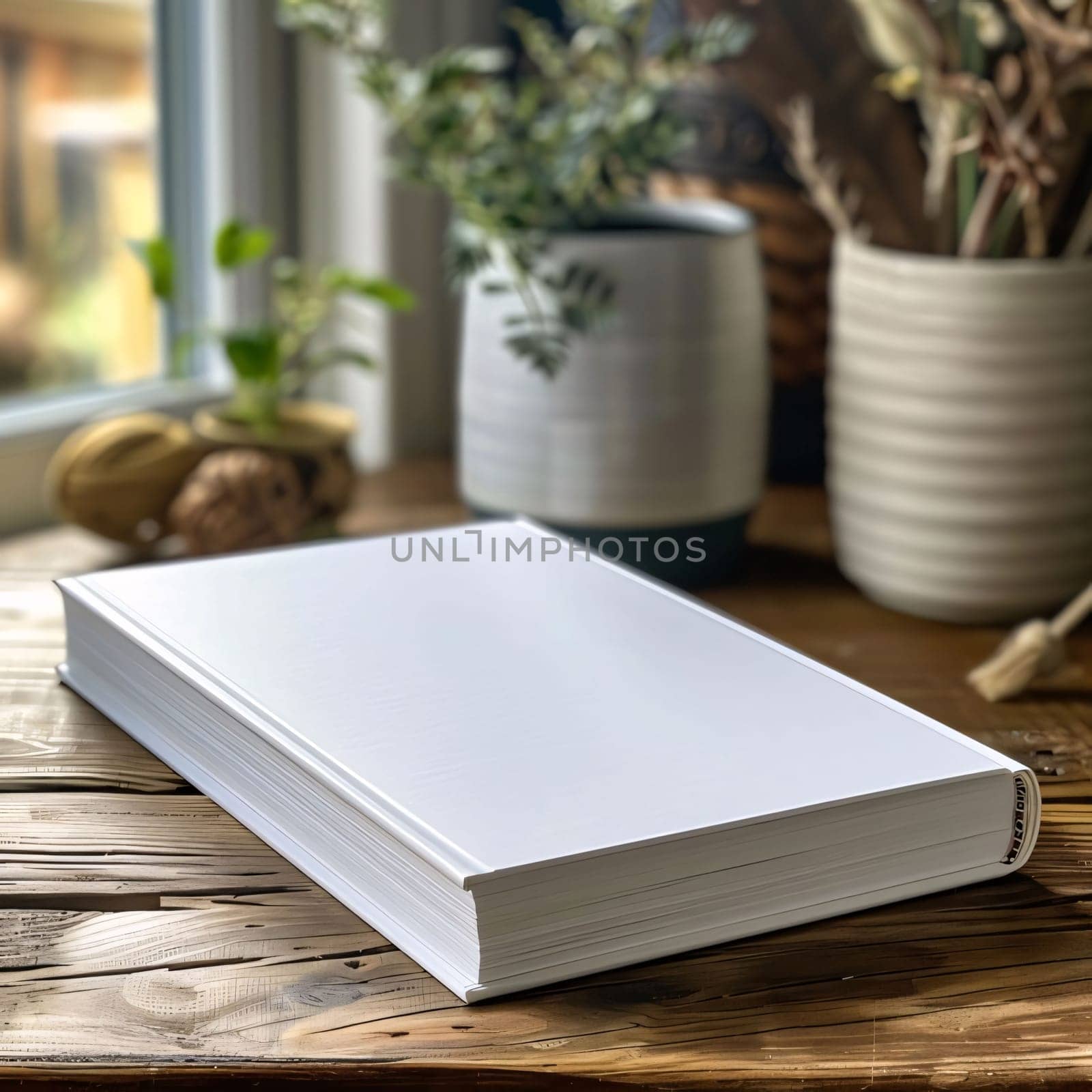 World Book Day: Blank white book on a wooden table. Mock up for design