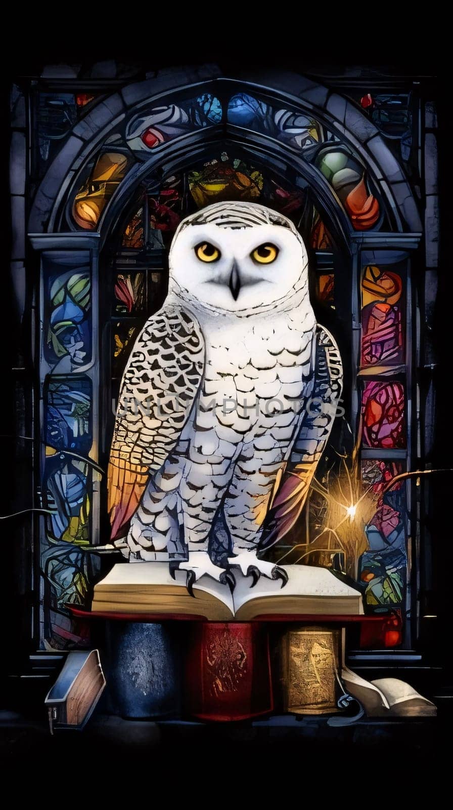 World Book Day: Owl sitting on a book in front of a stained glass window