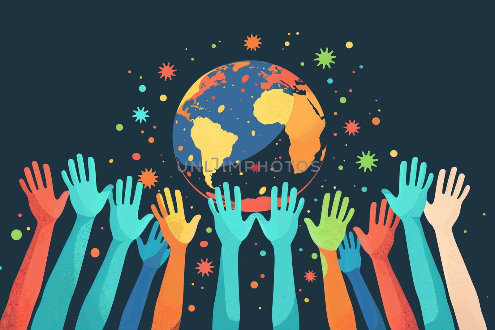 Multiple colorful hands reach up toward a globe, symbolizing unity and diversity on World Humanist Day.