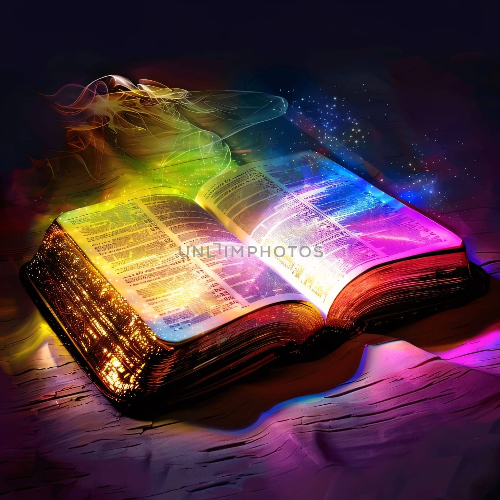World Book Day: Open book with magic light on the pages. Colorful background.