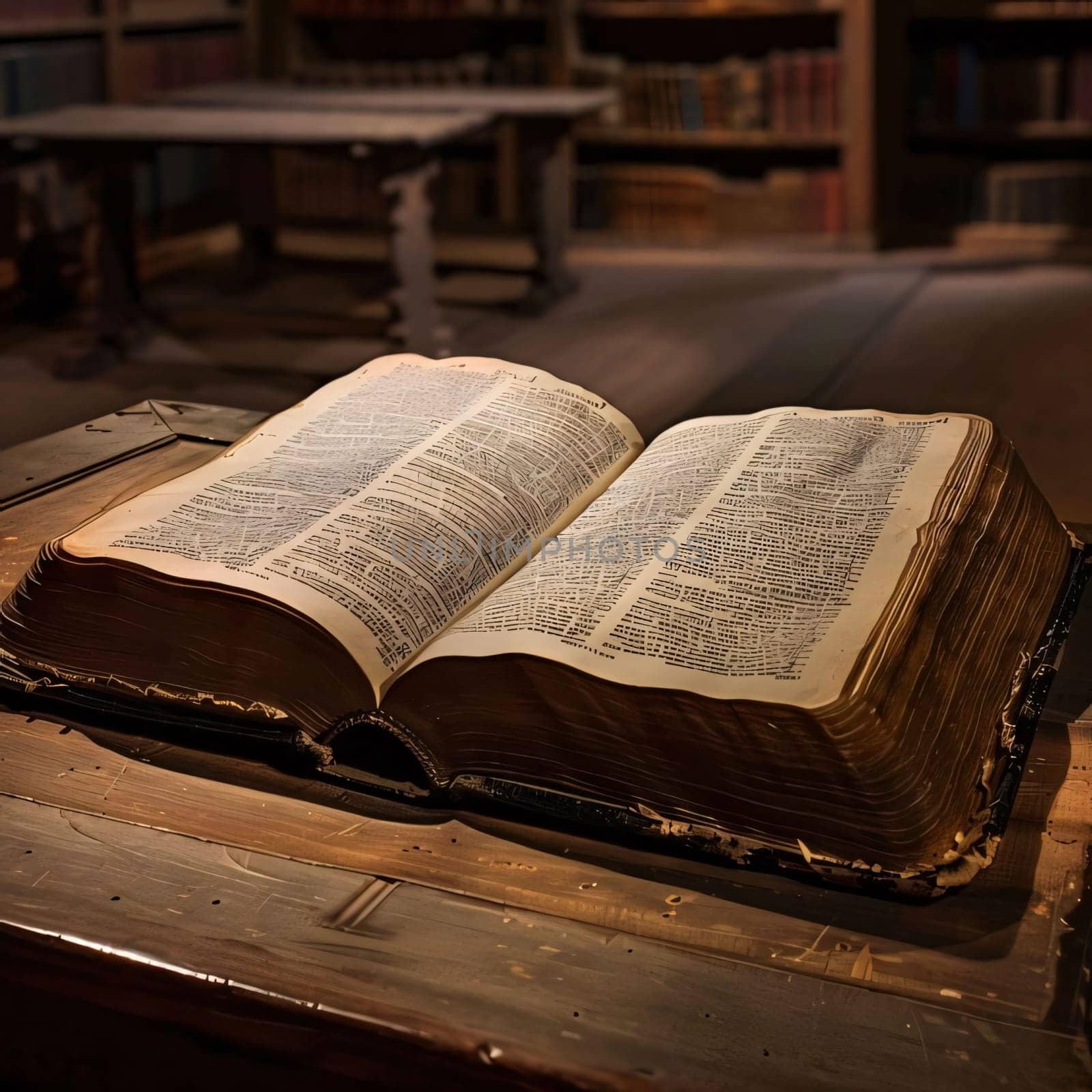 World Book Day: Open old book on a wooden table in the library. Toned.