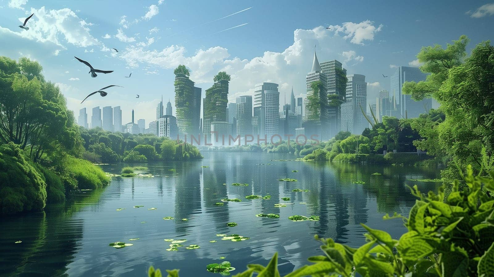 A futuristic cityscape featuring towering skyscrapers, sleek architecture, and a winding river cutting through the urban landscape.