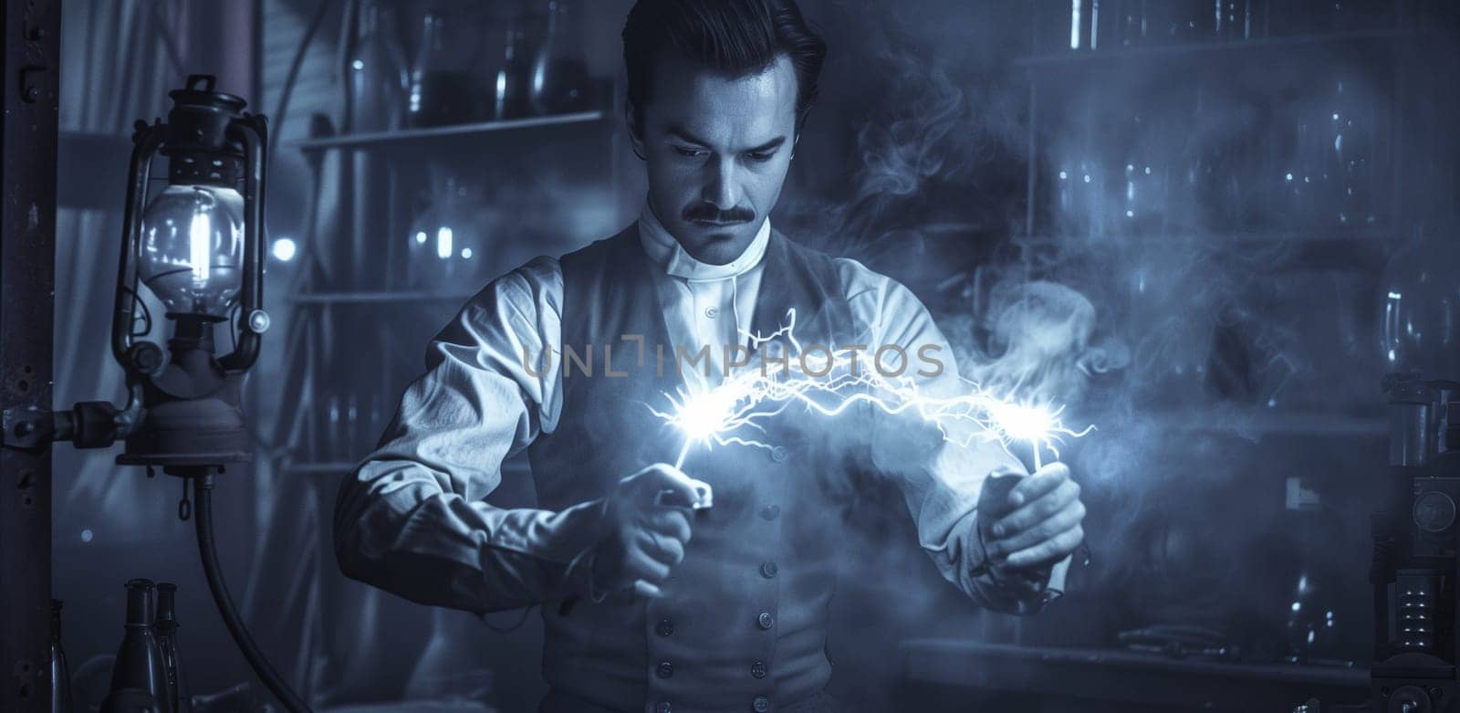 Gloomy photo - A scientist in the laboratory conducts experiments with electricityt. High quality photo