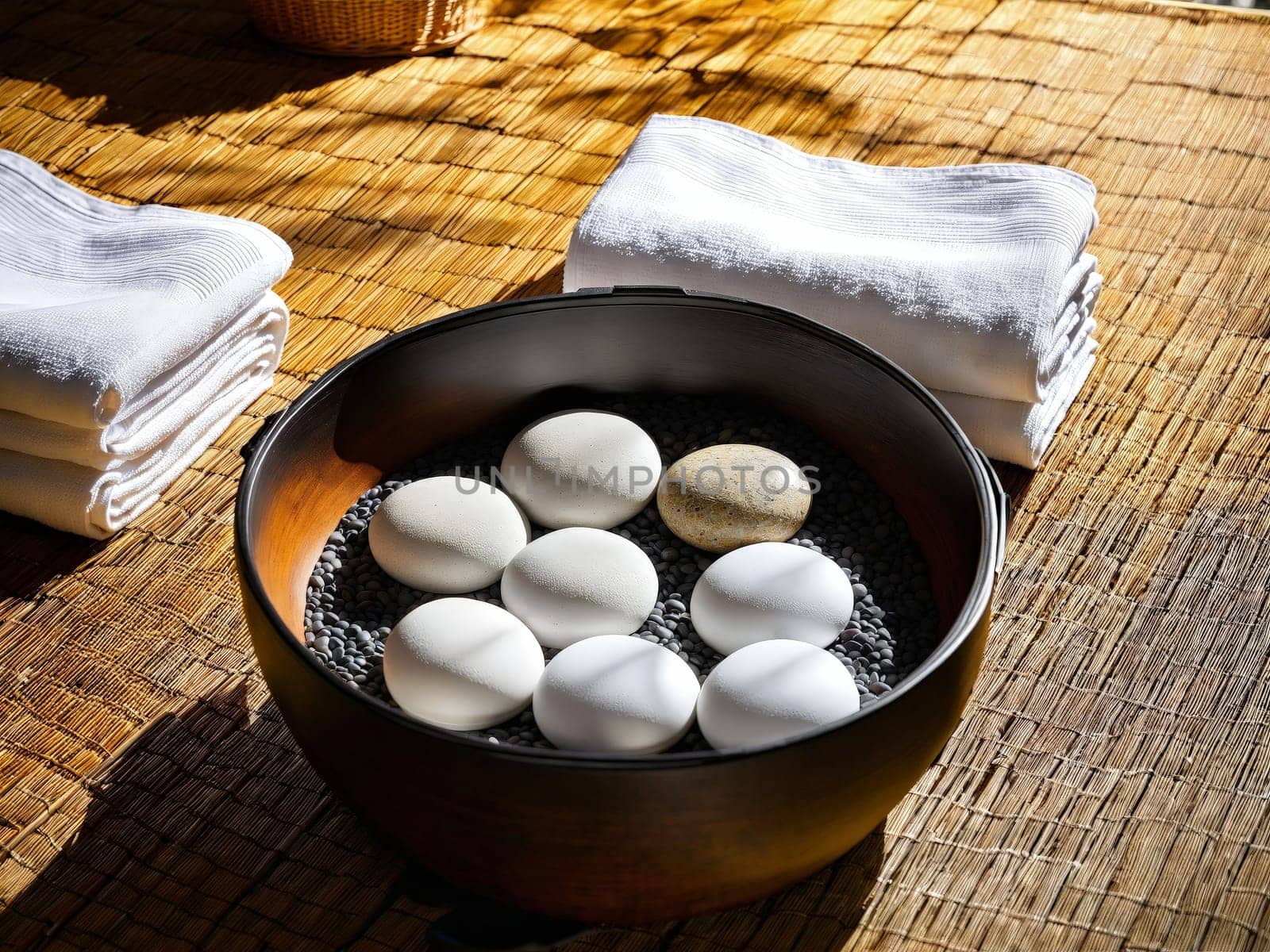 Luxury spa massage room heated stone collection rolled white towels in woven baskets zen garden by panophotograph