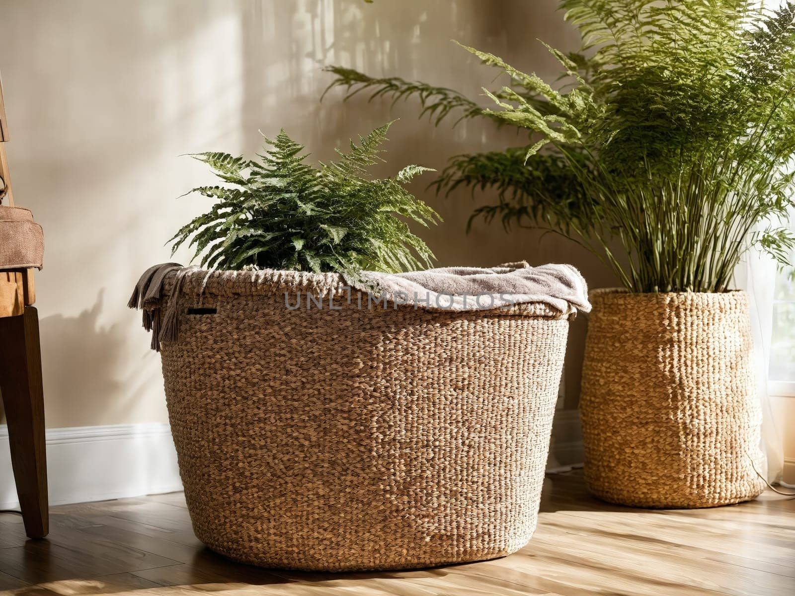 Cozy pedicure station plush taupe chair woven basket filled with towels potted fern soft lamp by panophotograph