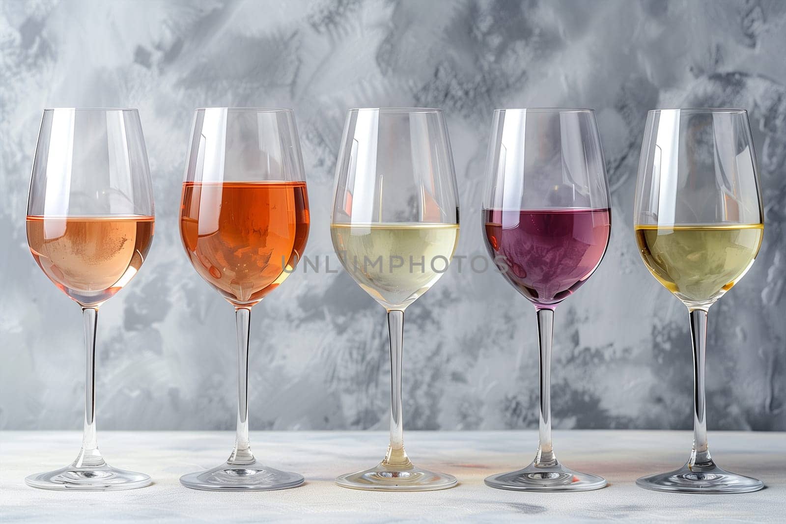 A variety of differently colored wine glasses neatly arranged in a row on a table, ready for a wine festival event.