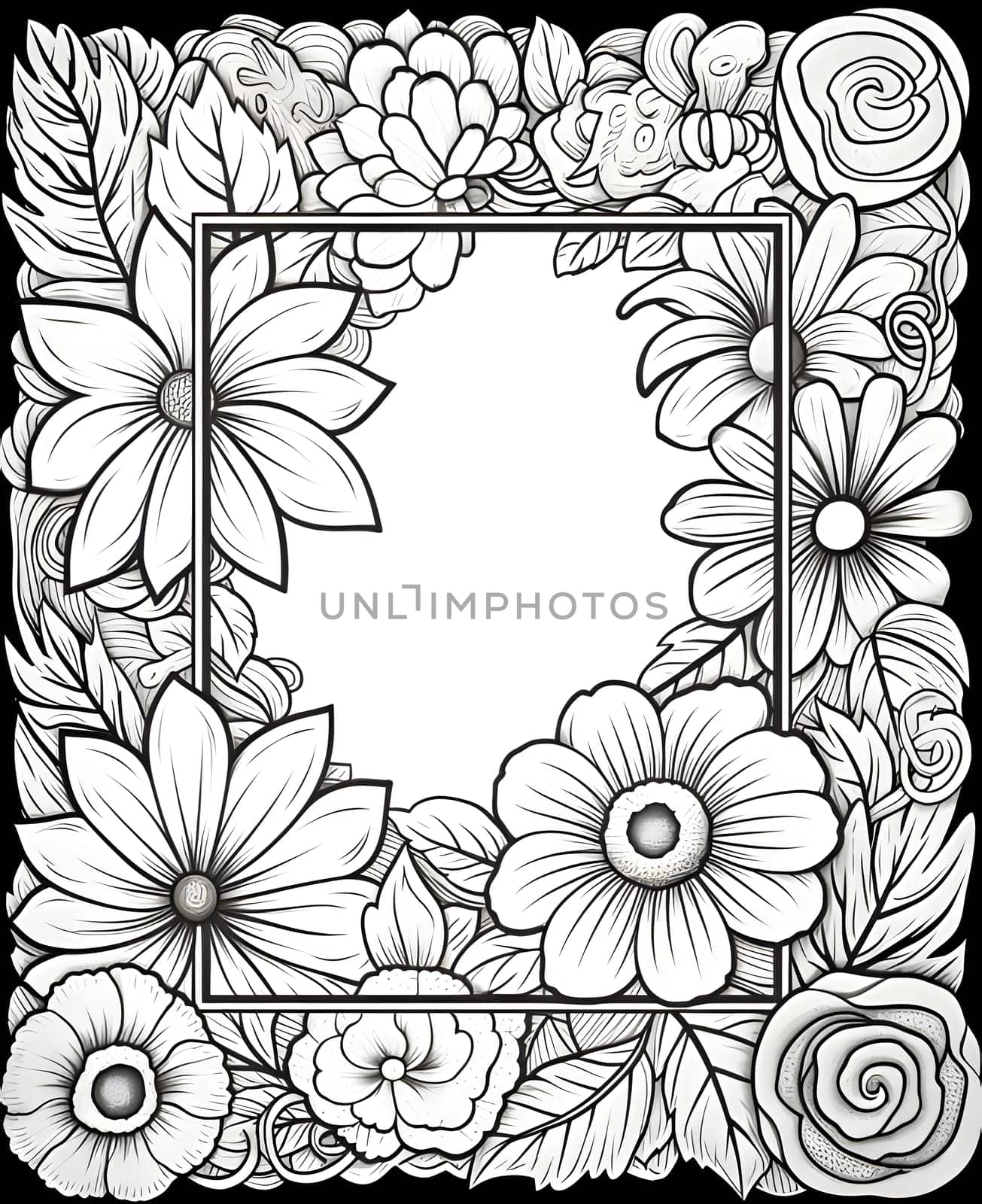 A black and white monochromatic frame adorned with flowers creates a stylish and visually captivating composition.