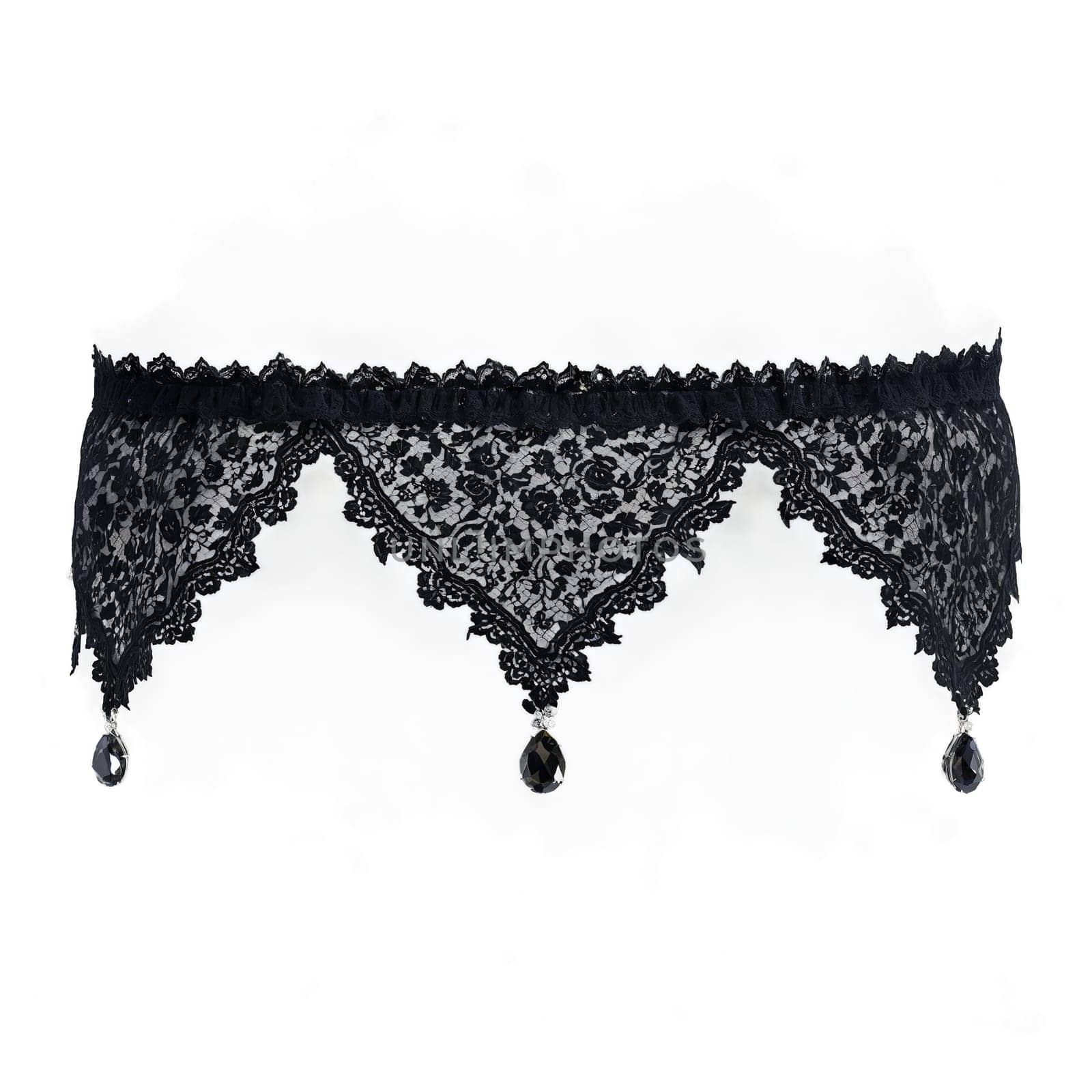 Lacy Lux black lace garter belt with scalloped edges and crystal charms on dappled lighting by panophotograph