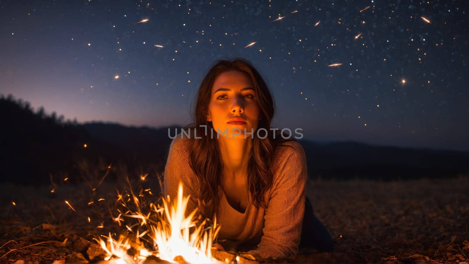 Blissful woman stargazing in a clear night sky shooting stars streaking campfire embers floating warm by panophotograph
