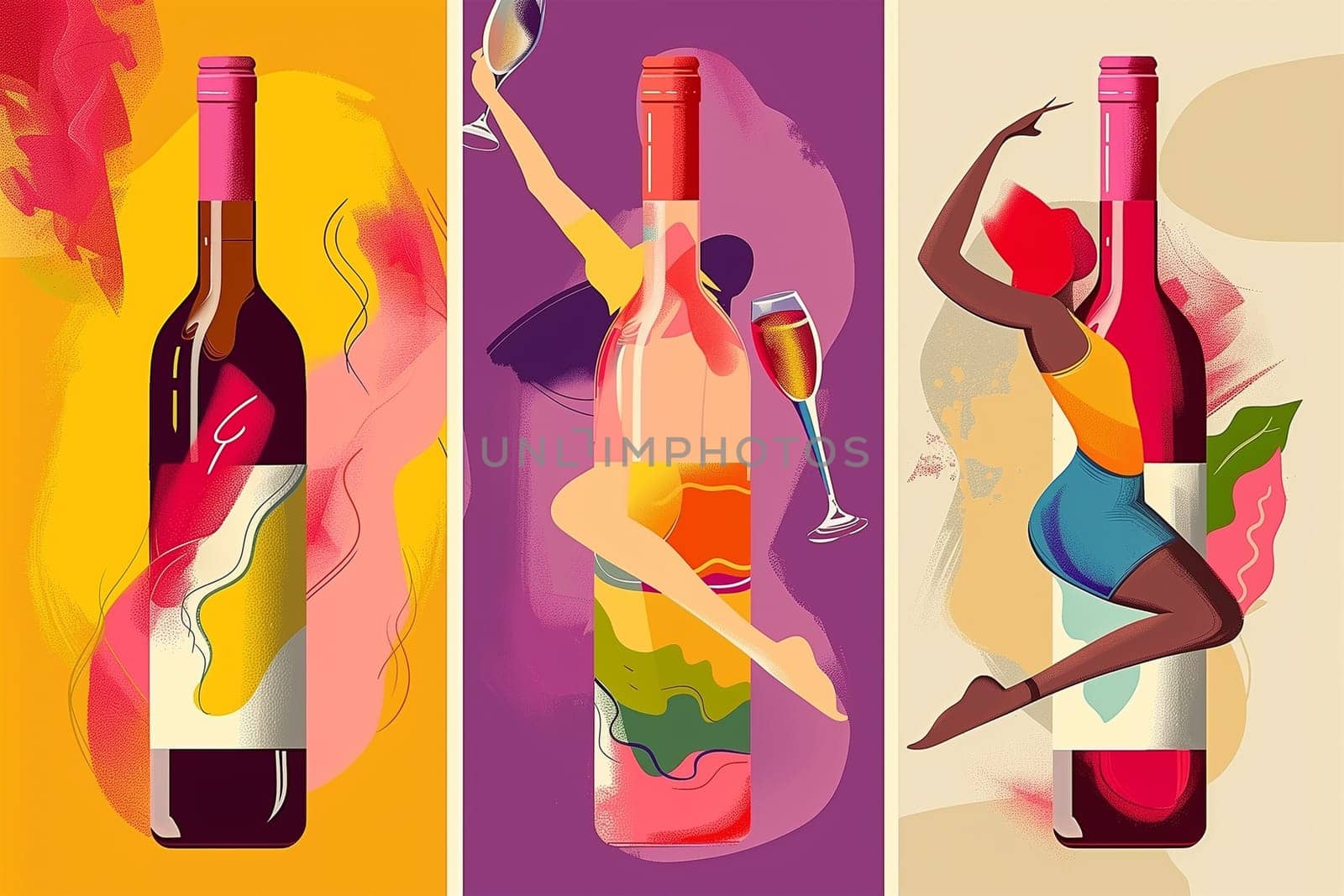 A vibrant set of illustrations featuring various wine bottles in different colors and shapes, alongside a lively woman dancing.