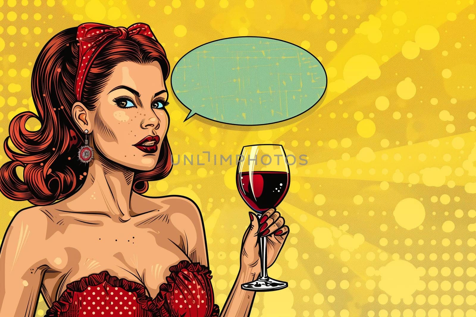 A woman holding a glass of wine with a speech bubble, engaging in a conversation.