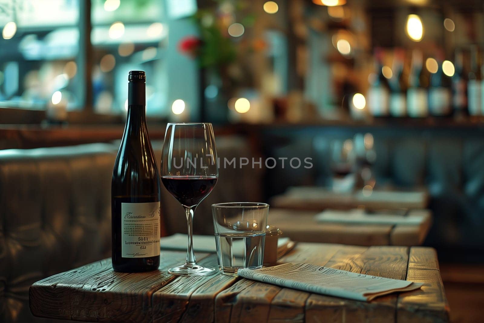A bottle of red wine standing upright on a wooden table in a busy restaurant setting.