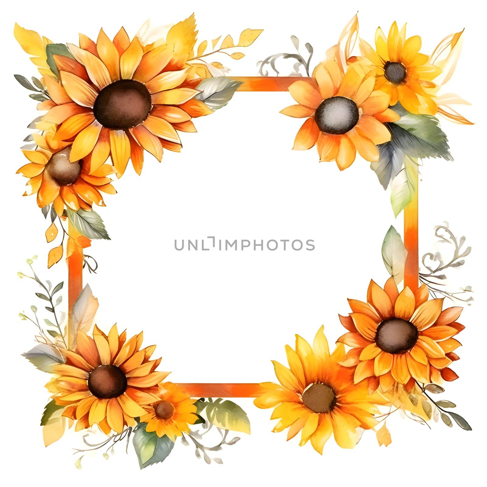 A circular frame adorned with cheerful sunflowers is positioned on a clean white background, creating a captivating and visually appealing arrangement.