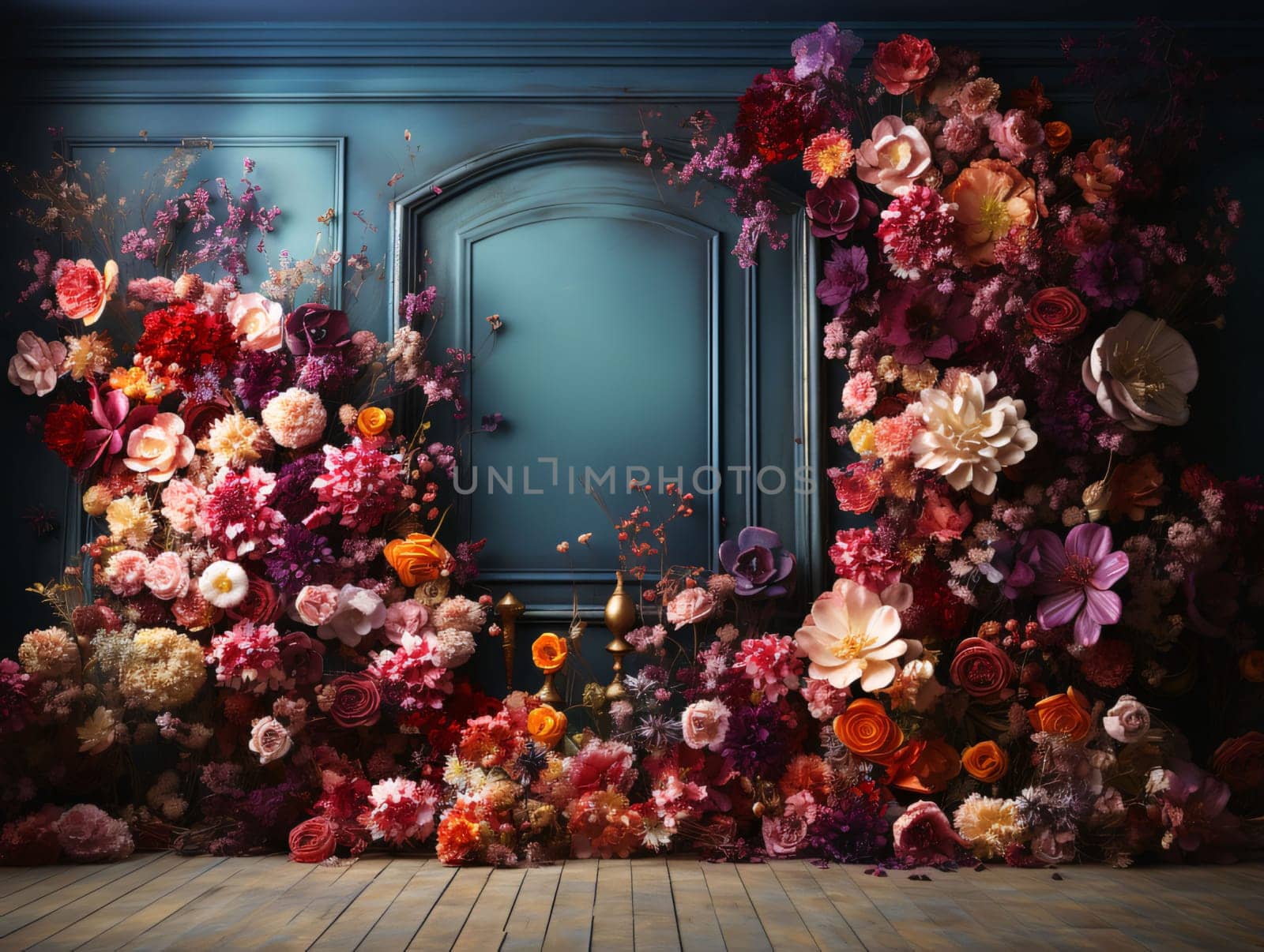 Decorated wall of colorful flowers, in the middle of space for your own content. by ThemesS