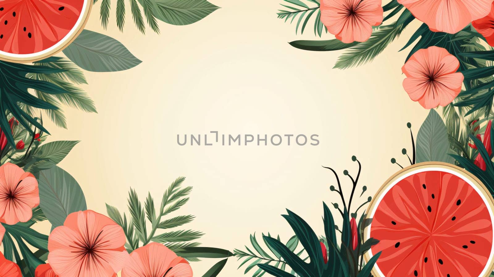 White blank card with space for your own content as an image. Around the decoration of painted colorful flowers and leaves. Graphic with space for your own content.