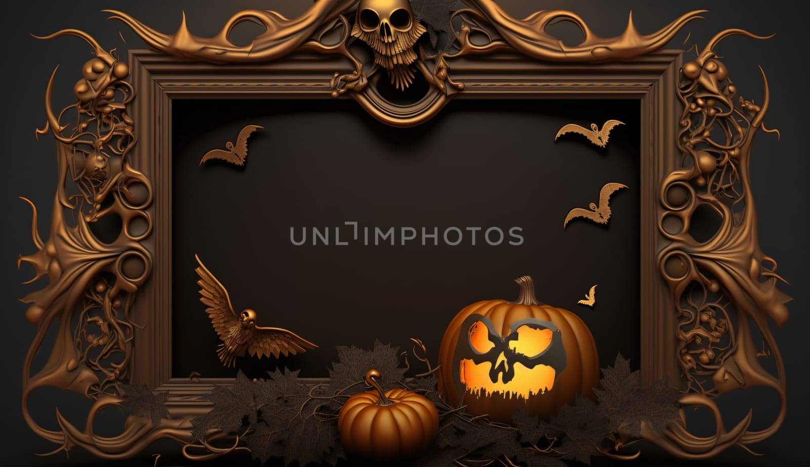 Decorated frame in the middle, space for your own content, board decorated with jack-o-lanterns. Graphic with space for your own content.