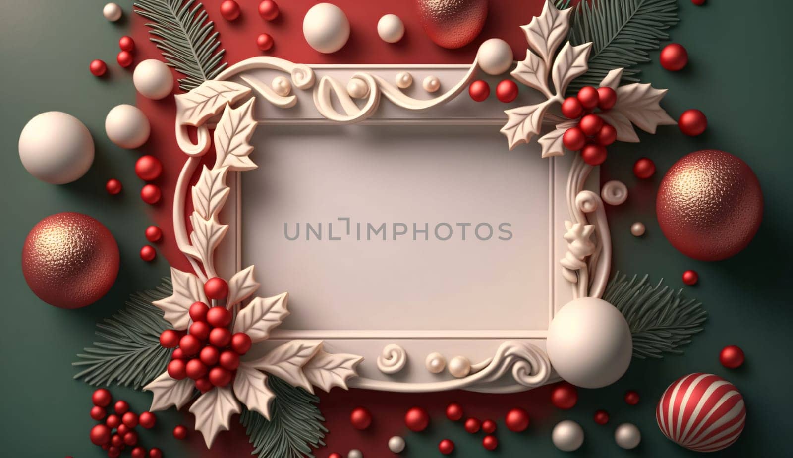 Blank in the middle with a decorated white border around it. Red background, baubles. by ThemesS