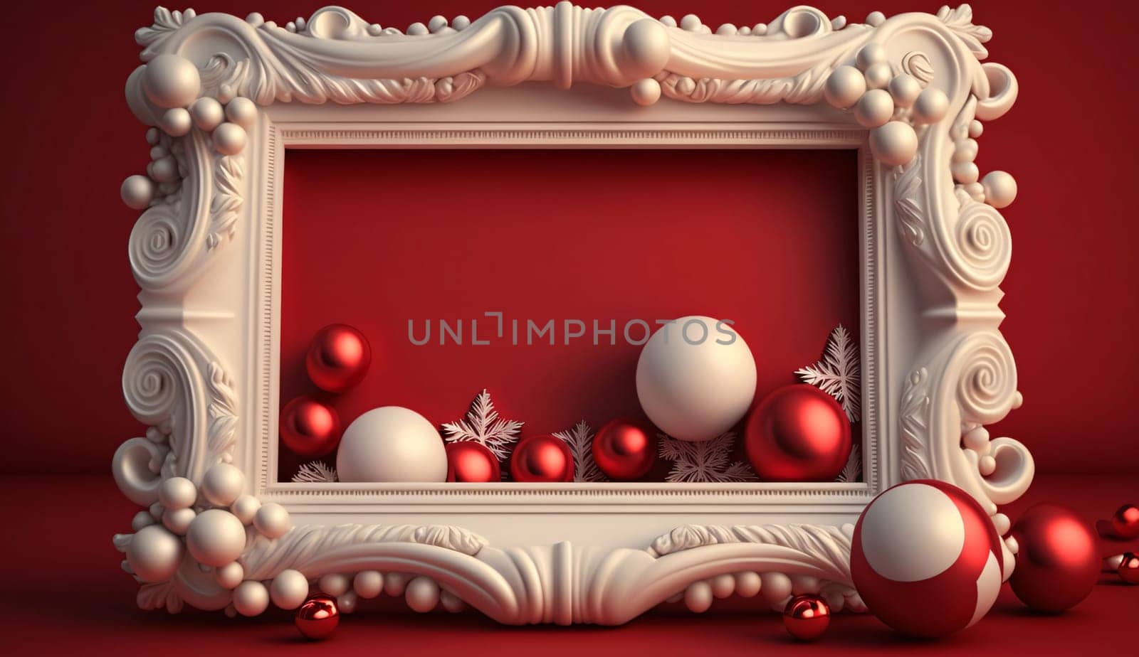 Blank in the middle with a decorated white border around it. Red background, baubles. Graphic with space for your own content.