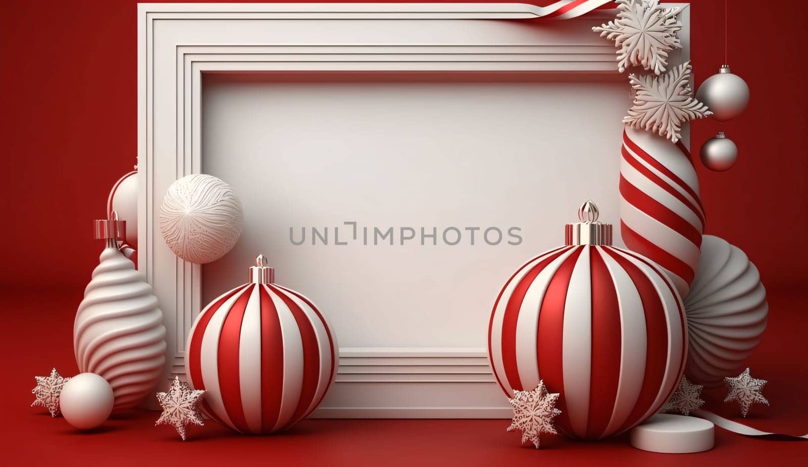 Blank in the middle with a decorated white border around it. Red background, baubles. Graphic with space for your own content.