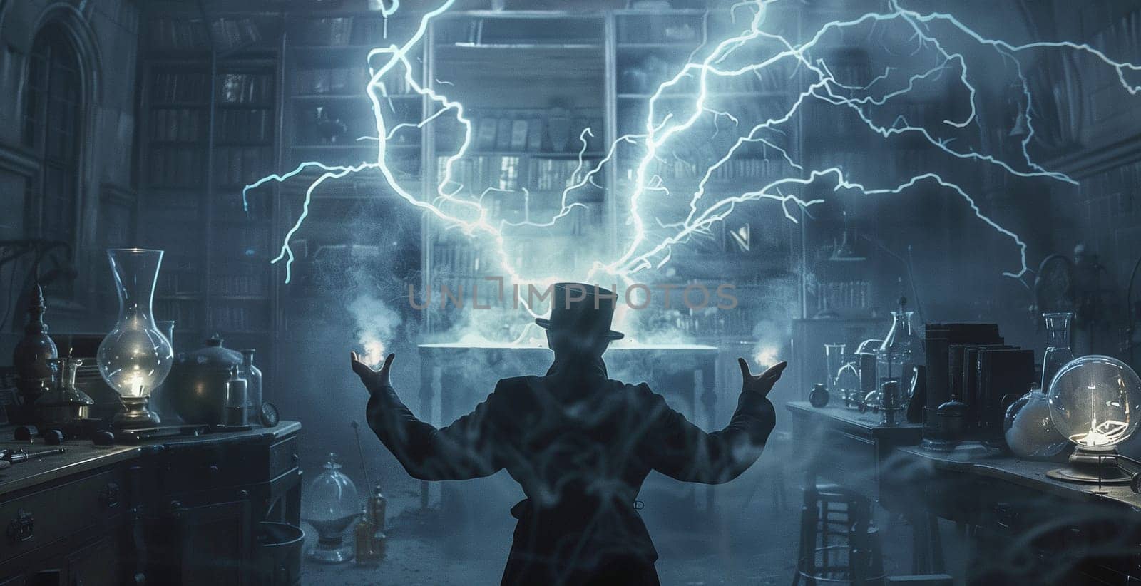 Gloomy photo - A scientist in the laboratory conducts experiments with electricityt. High quality photo