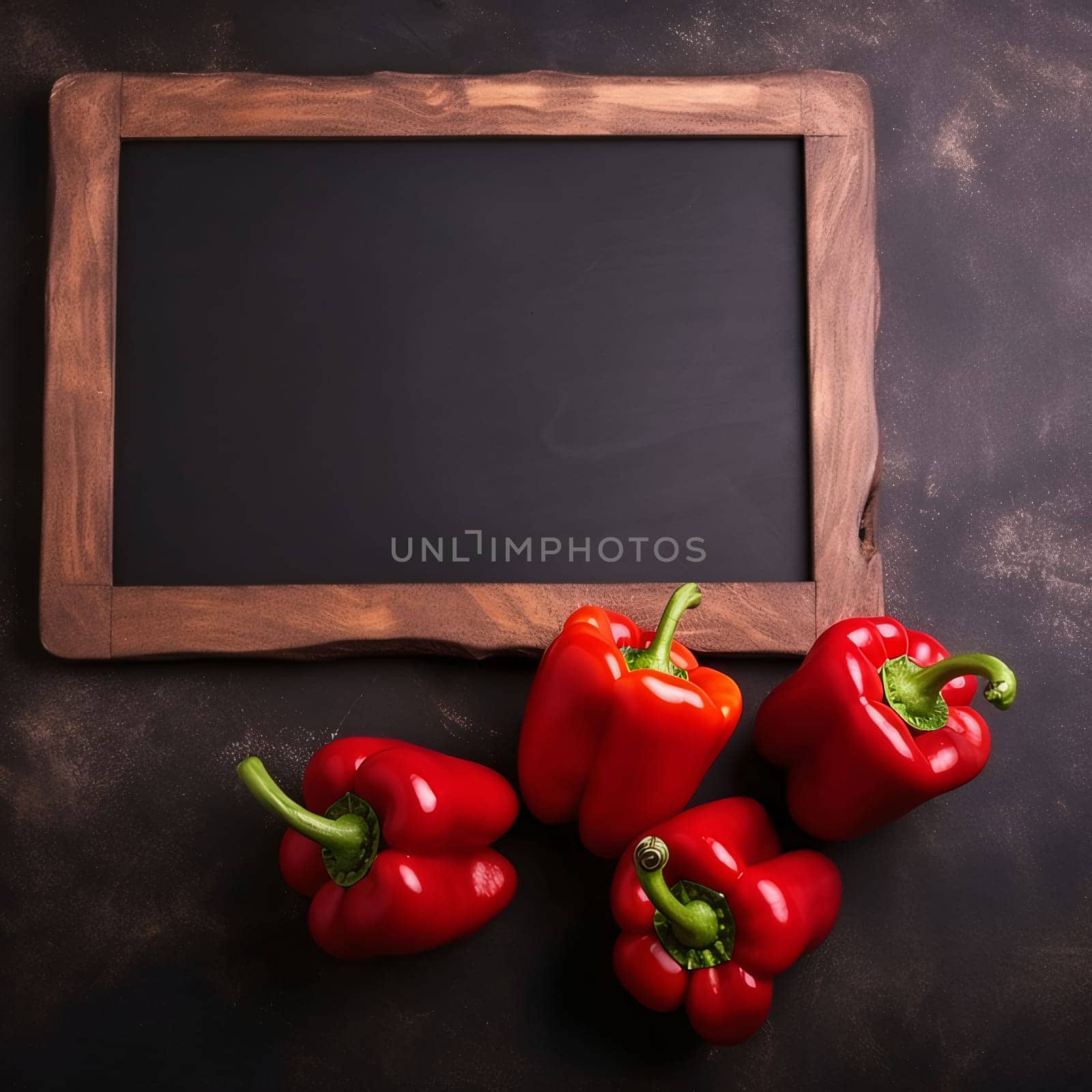 Dark frame board with space for your own content around red peppers, dark background. Graphic with space for your own content.
