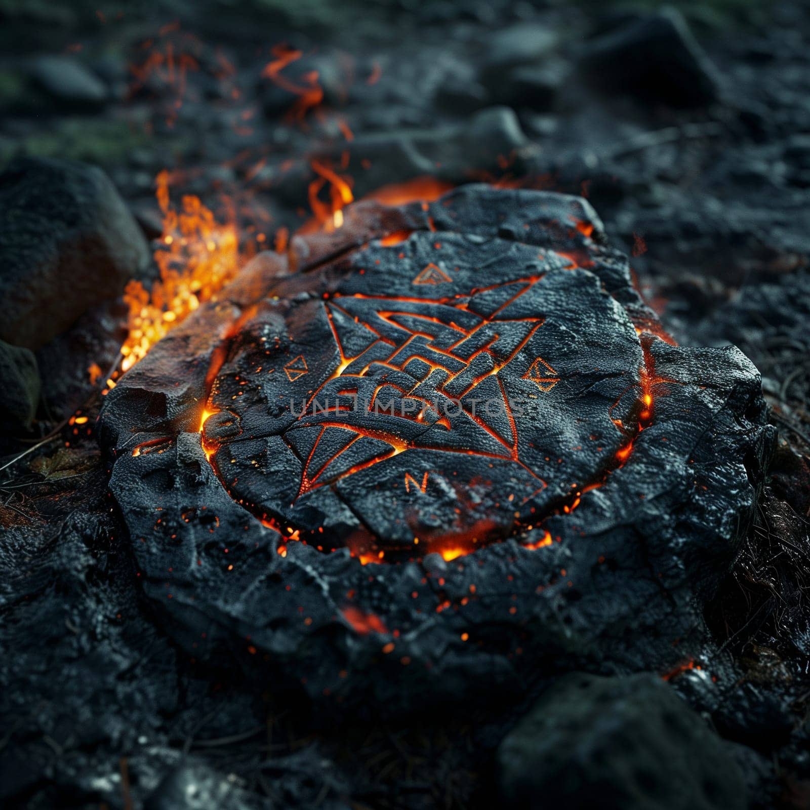 Cinematic dark photo of a mysterious stone with mystical fire symbols