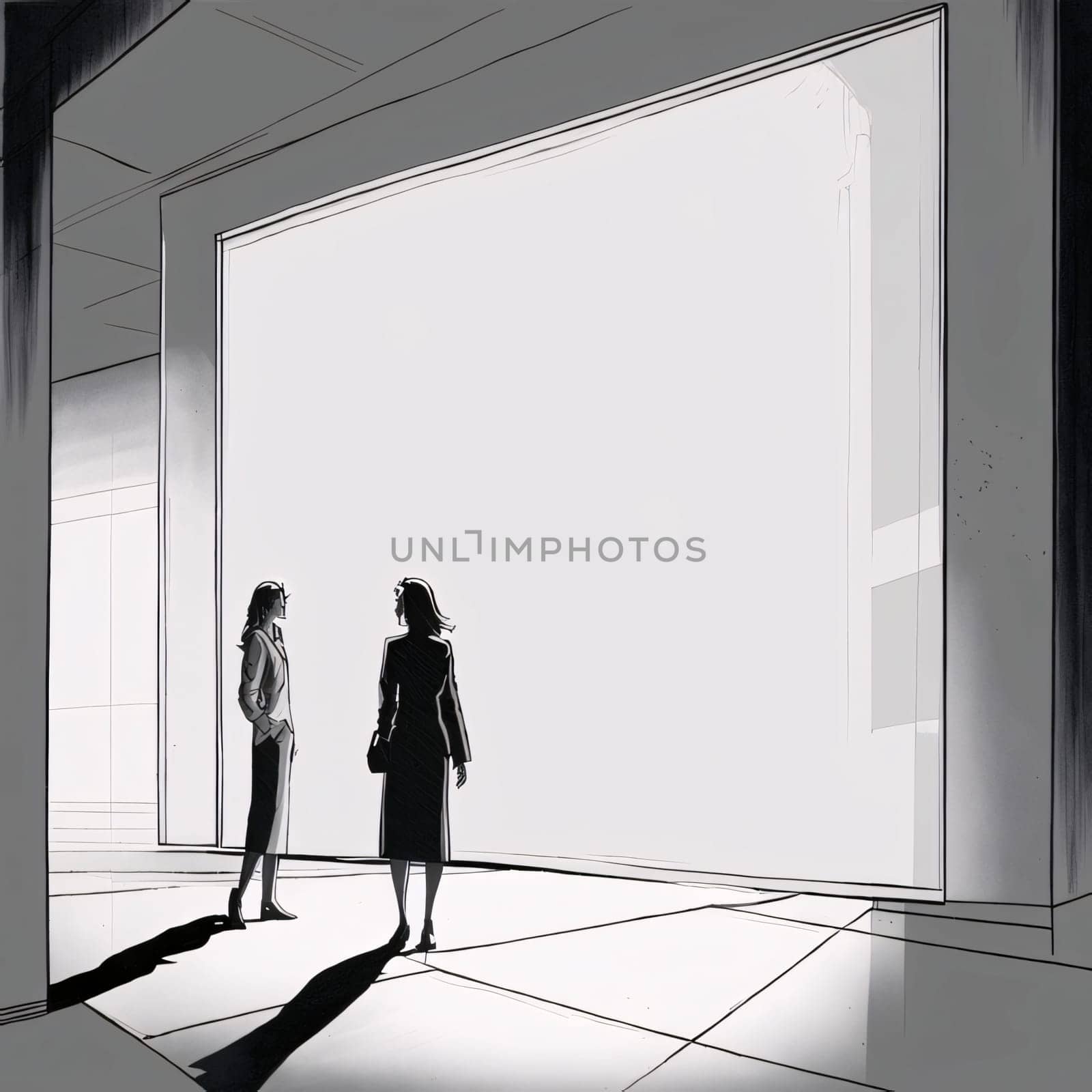 Illustration two women standing in front of a large white screen. Graphic with space for your own content.