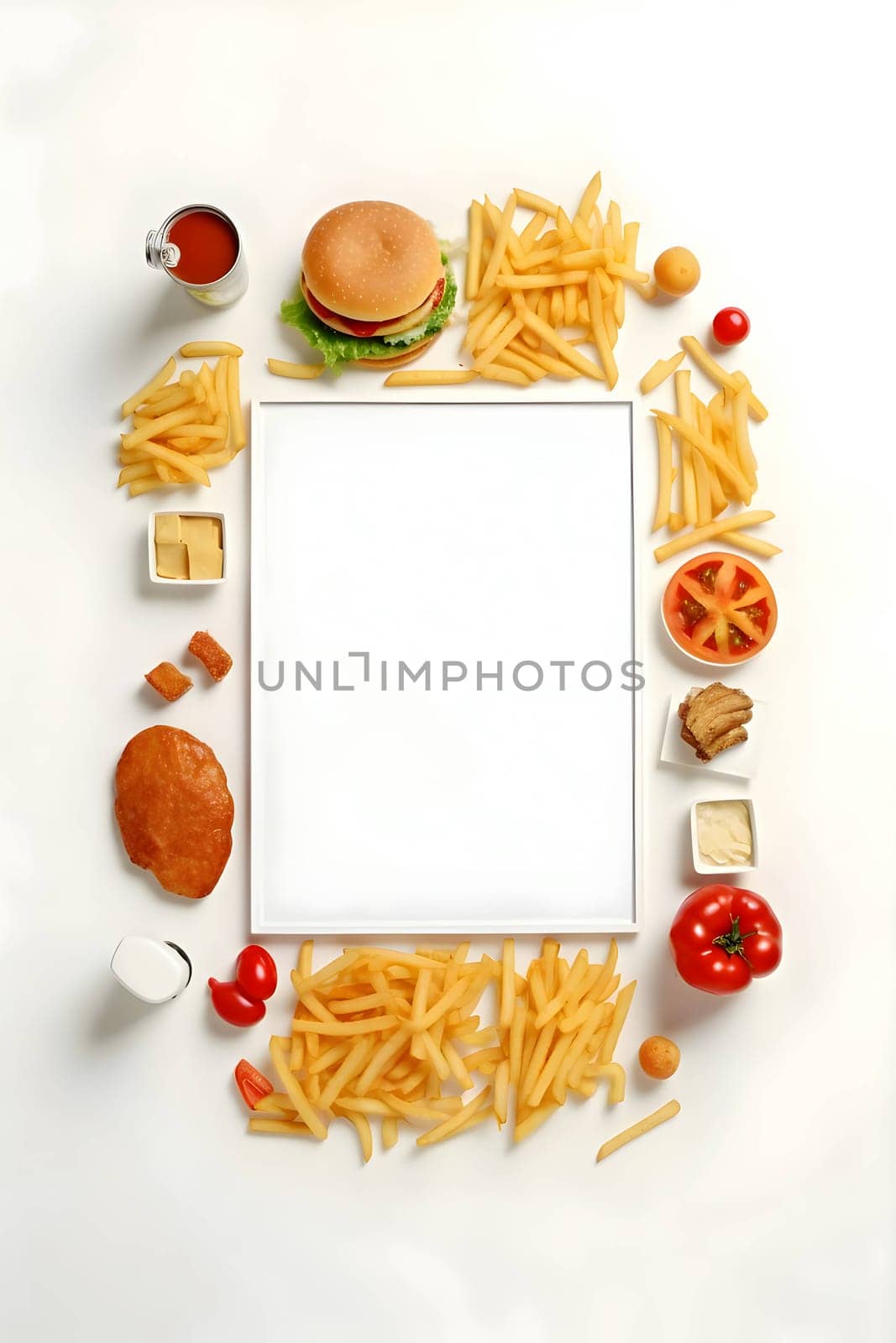 A clean white sheet, an empty canvas, encompassed by a tempting array of French fries and delectable fast food treats.