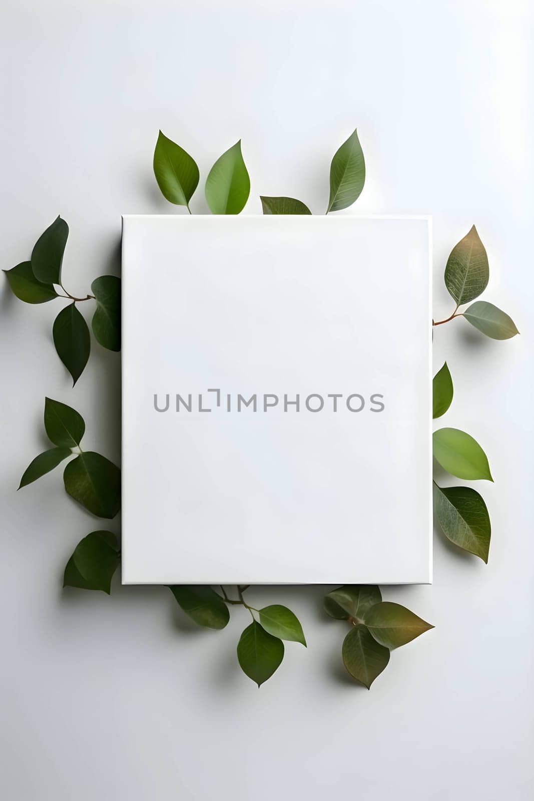 A white card with a blank sheet of paper stands against a backdrop of lush green leaves.