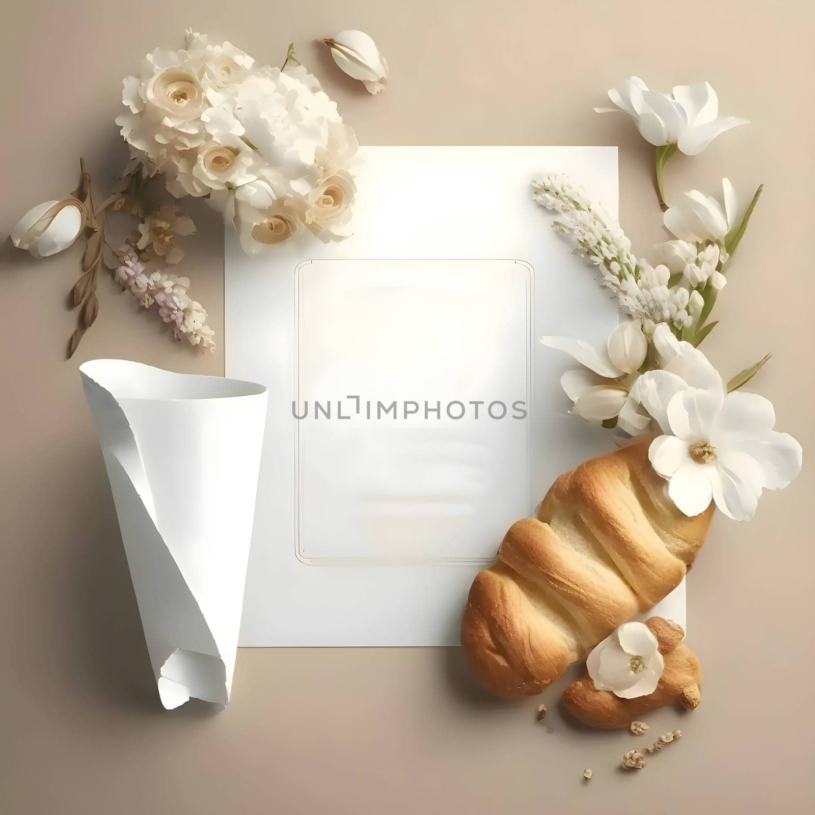 A white sheet, a blank sheet, with a cube, surrounded by bread and white flowers. by ThemesS