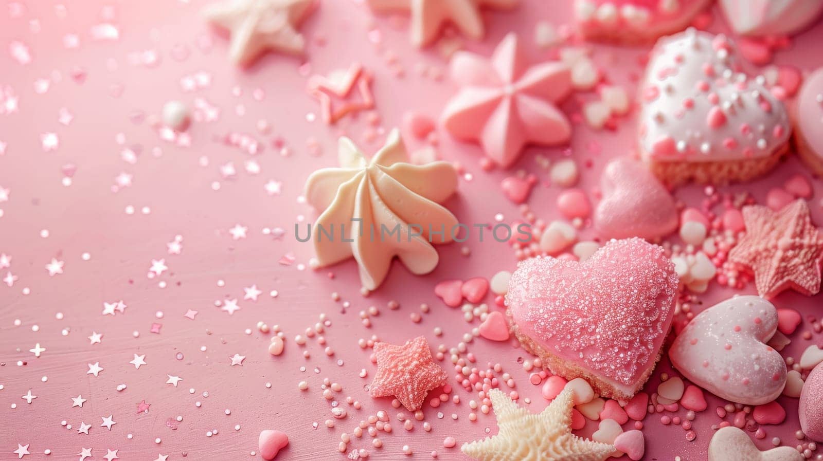 A pink background with glittery hearts and stars.