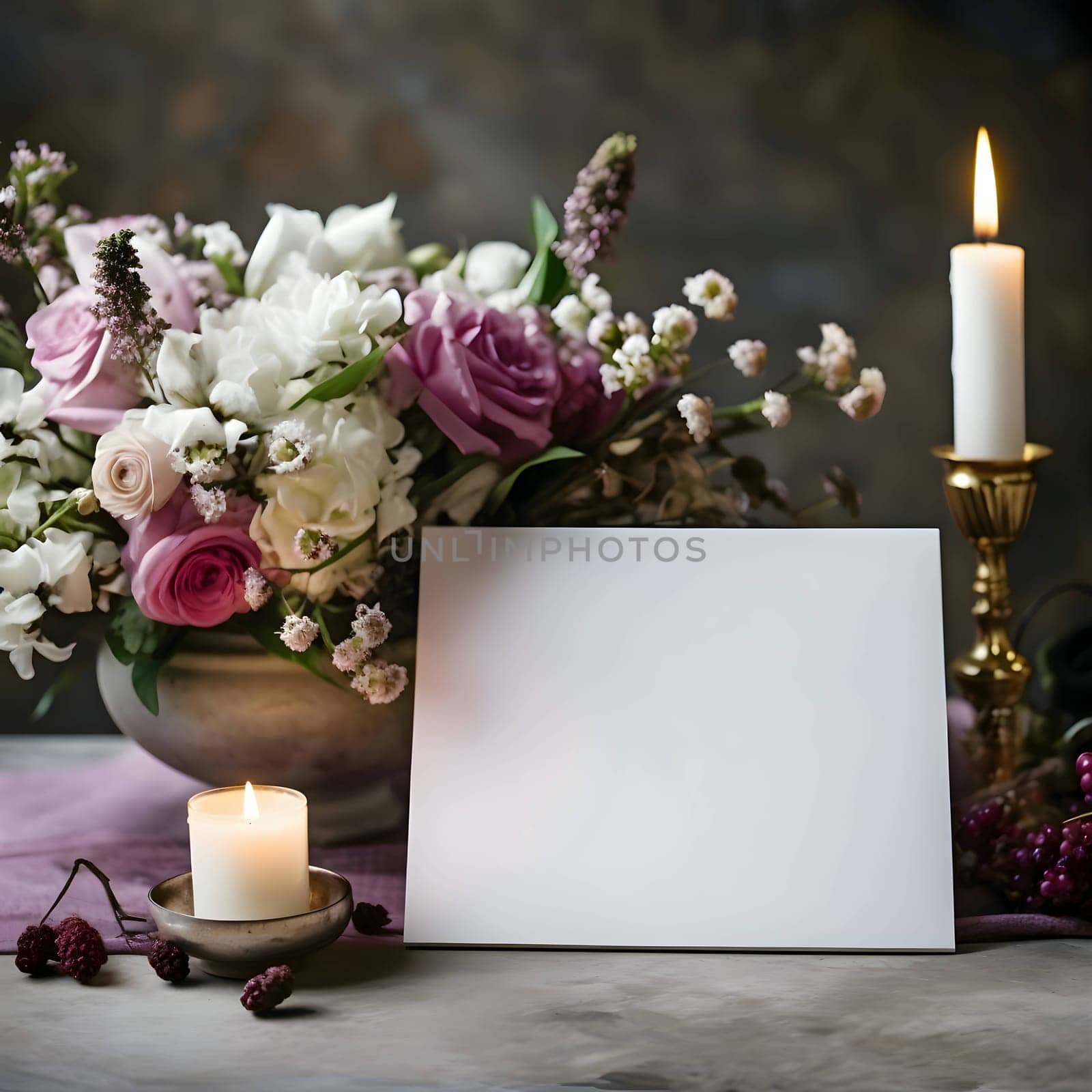 A white sheet, a blank page adorned with flowers and candles all around.