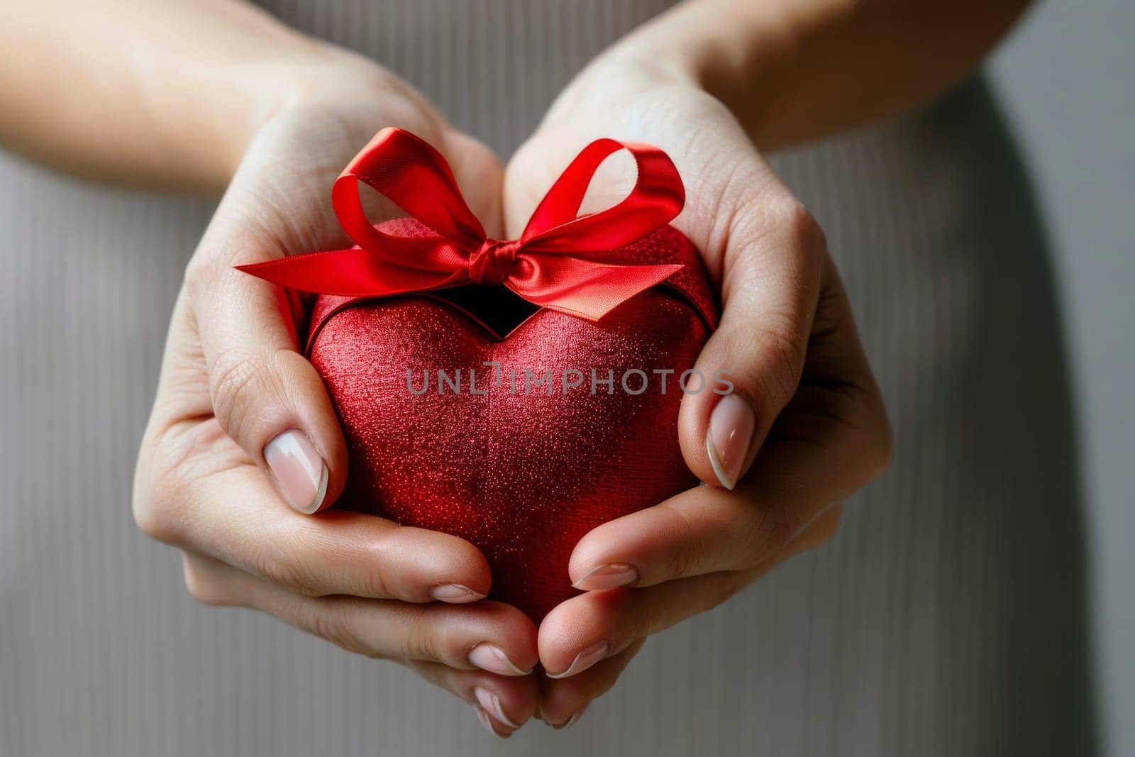 A woman is holding a red heart shaped box with a red ribbon. The woman's hand is holding the box close to her chest, and she seems to be smiling