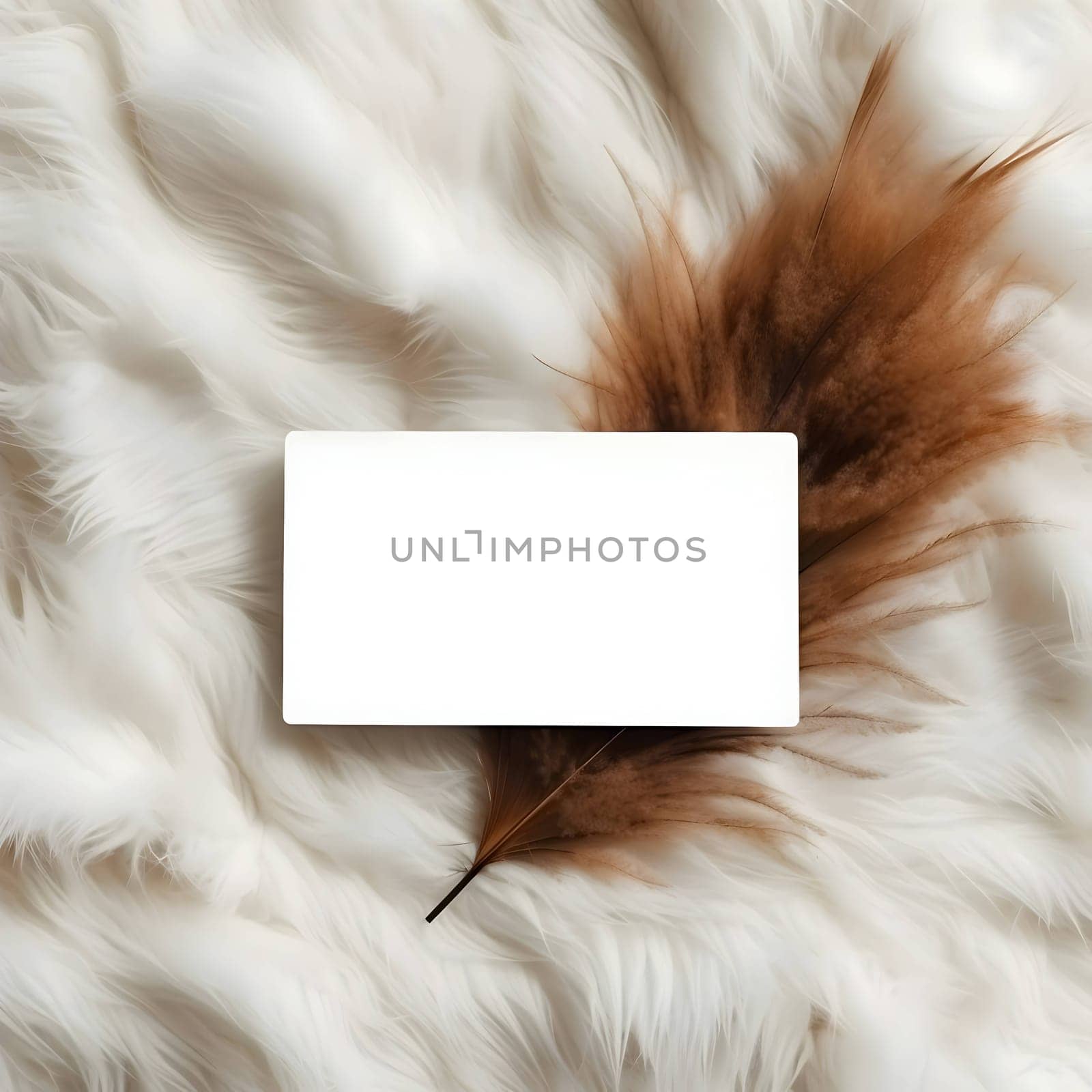 A minimalist white empty business card delicately placed on soft white fluff, accompanied by earthy brown feathers, exuding simplicity and elegance.