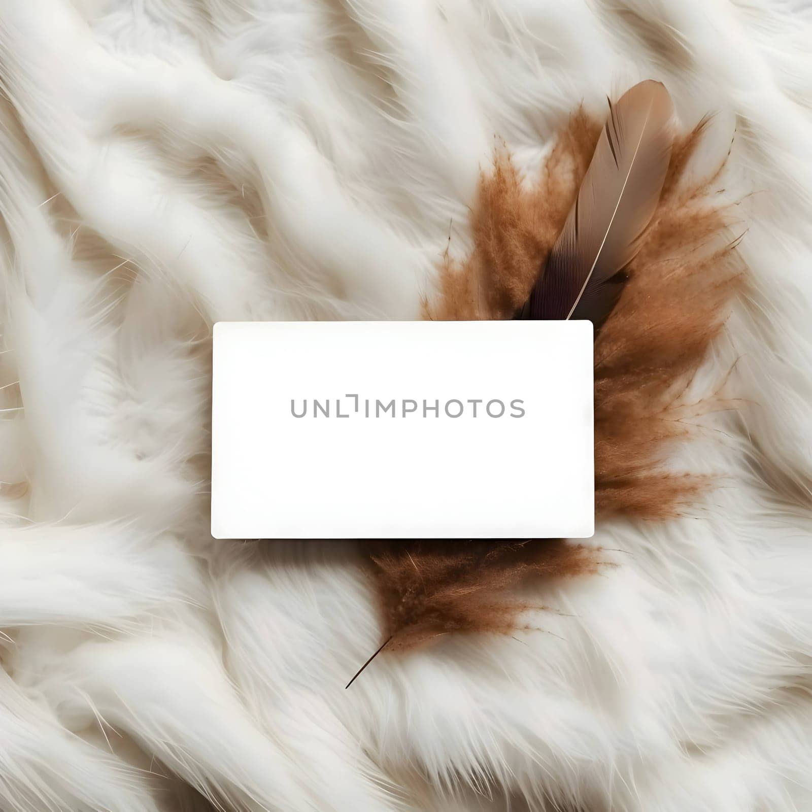 A minimalist white empty business card delicately placed on soft white fluff, accompanied by earthy brown feathers, exuding simplicity and elegance.