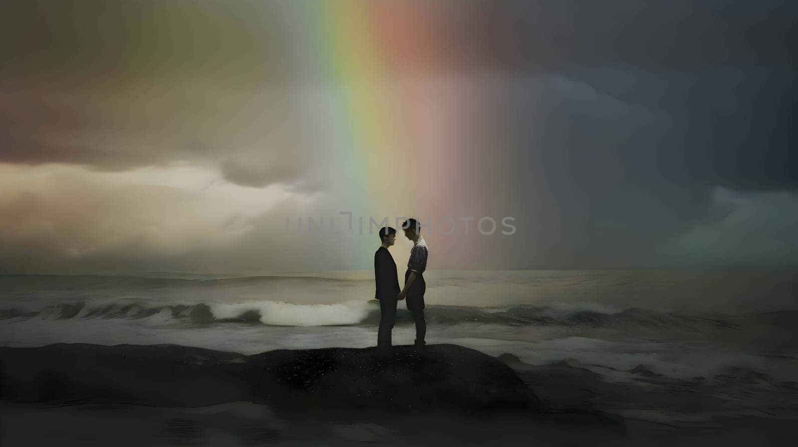 Rainbow in the dark sky, two people of the LGBT community sharing a tender kiss.