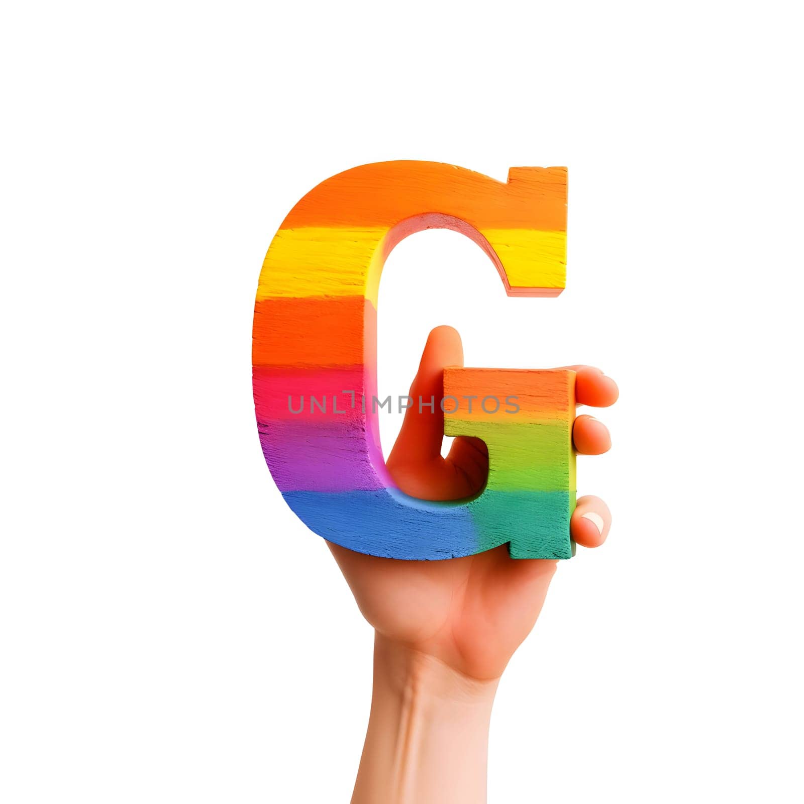 An isolated hand holding a rainbow letter "G" on a white background, representing the LGBTQIA community's inclusivity and diversity.