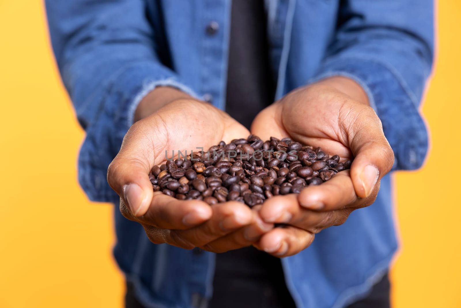 Coffee lover examining aromatic roasted beans against yellow background, promoting cold brew at a coffee shop or roastery. Enjoying freshness of delicious black seeds and grains. Close up.