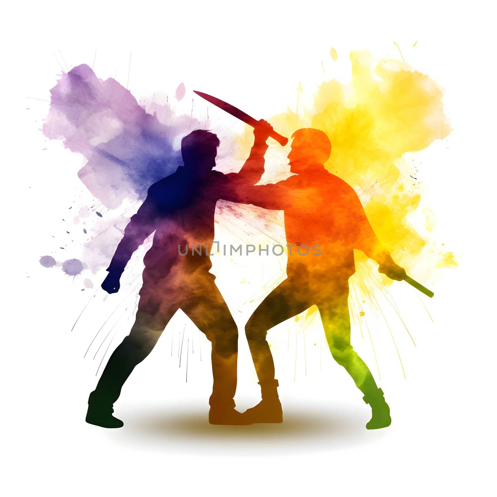 Illustration of two men engaged in a colorful fight, representing strength, diversity, and unity, against a white background.