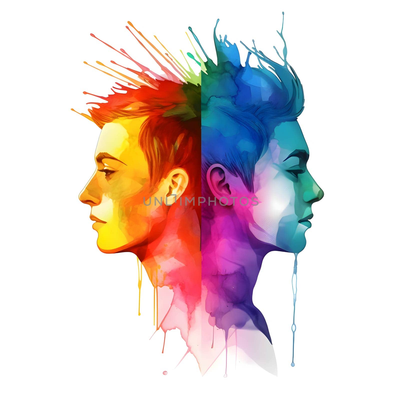 Illustration of two people's heads back-to-back, forming an LGBT graphics logo, representing unity, diversity, and support for the LGBTQ+ community.
