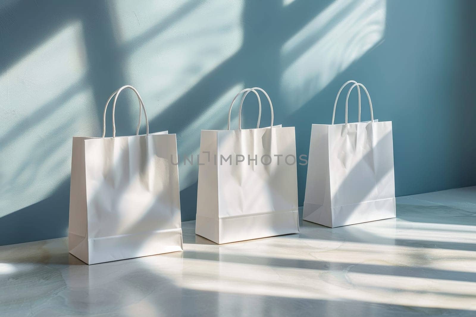 Three white shopping bags are lined up on a floor by itchaznong