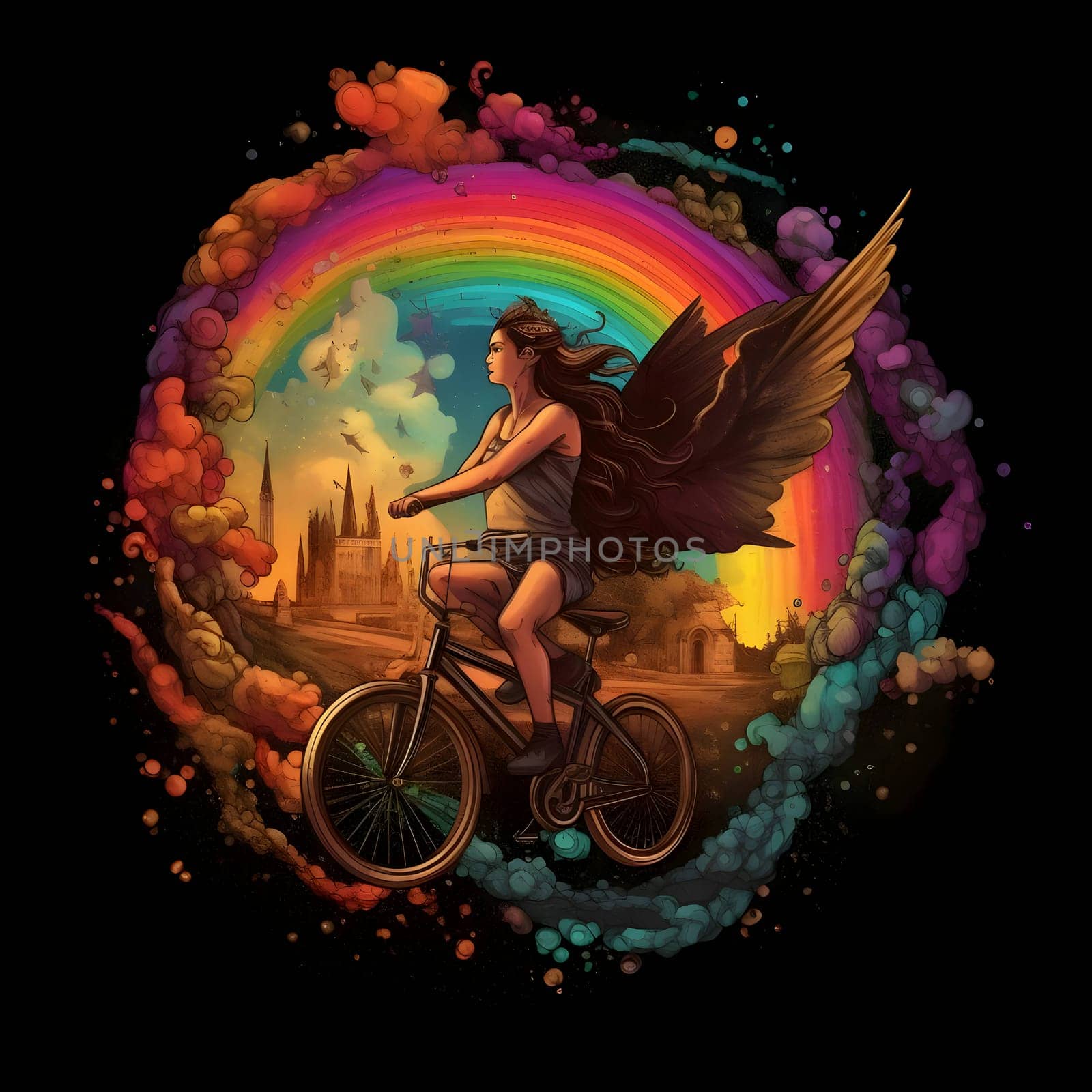 Girl with wings on a bicycle, rainbow in the background, logo, black background. by ThemesS