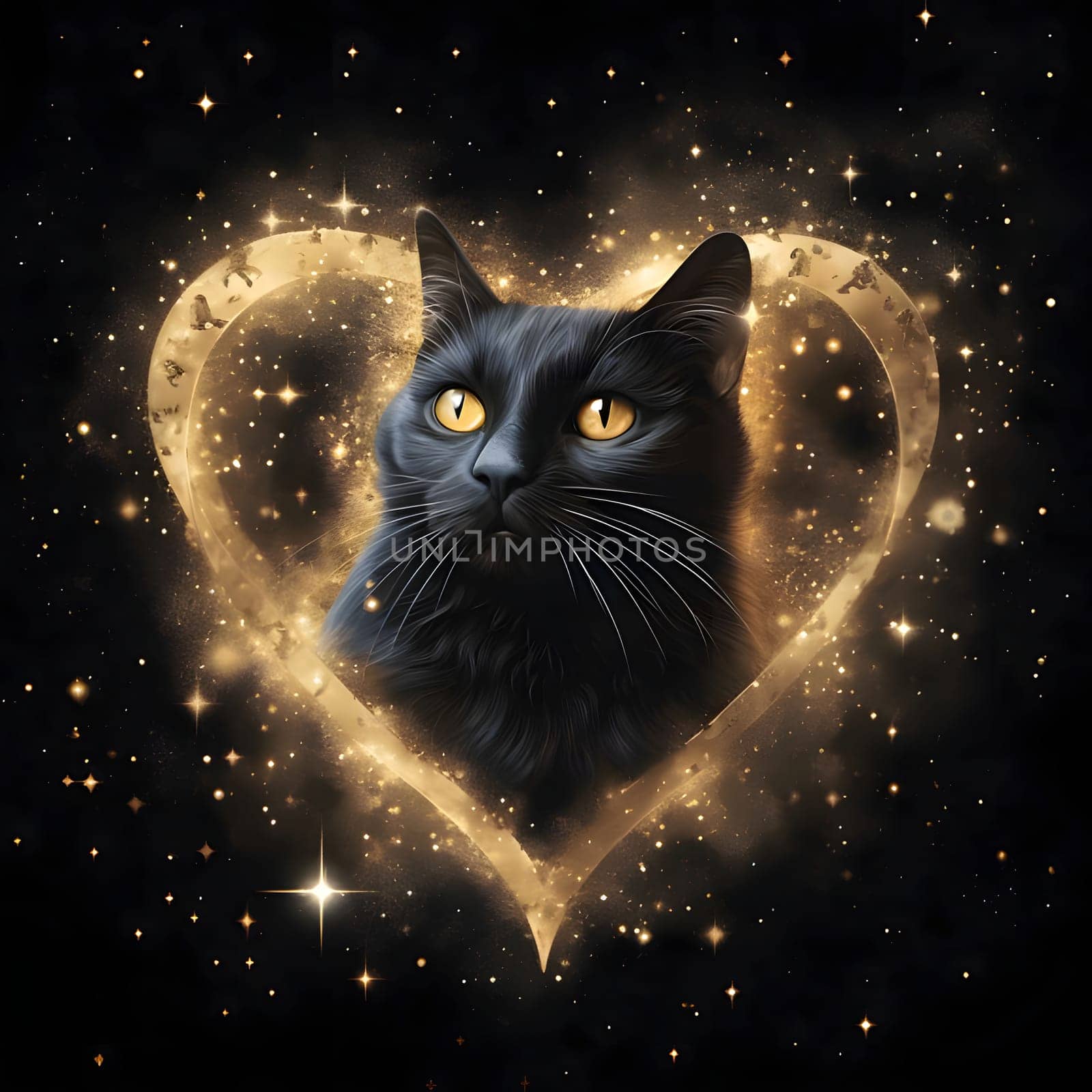 Black cat in a large golden heart around gold dust stars black background. Heart as a symbol of affection and love. The time of falling in love and love.