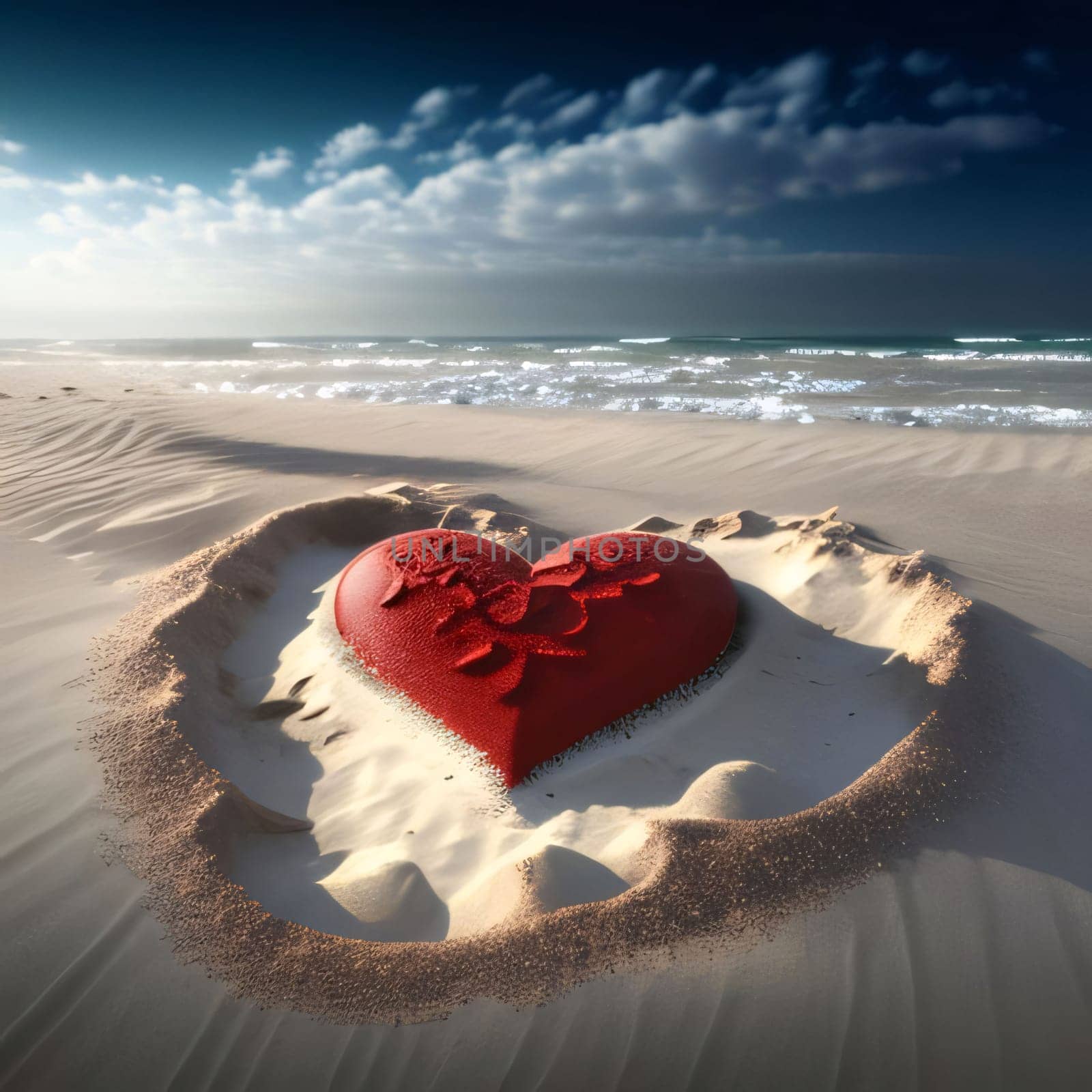 Red heart on the sand on the beach by the sea. Heart as a symbol of affection and love. The time of falling in love and love.