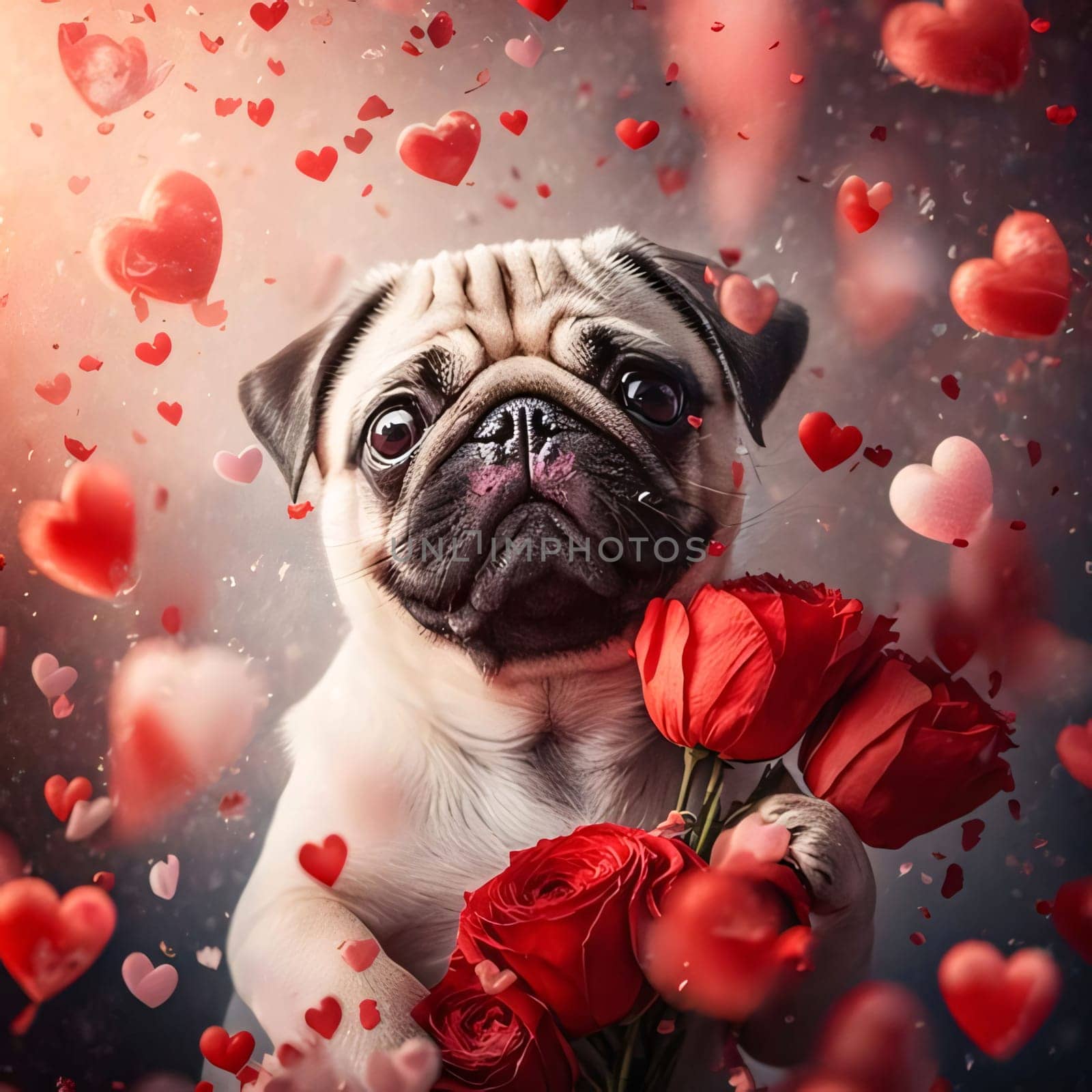 Bulldog dog holding red roses around heart-shaped balloons. Heart as a symbol of affection and love. The time of falling in love and love.