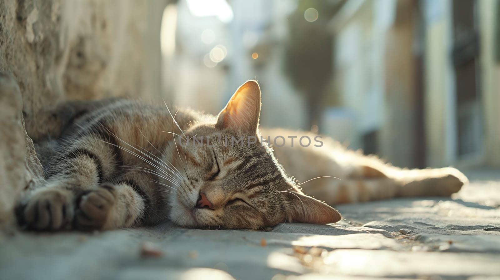 Tranquil Tabby Cat Napping on Cobblestone Street at Sunset by chrisroll