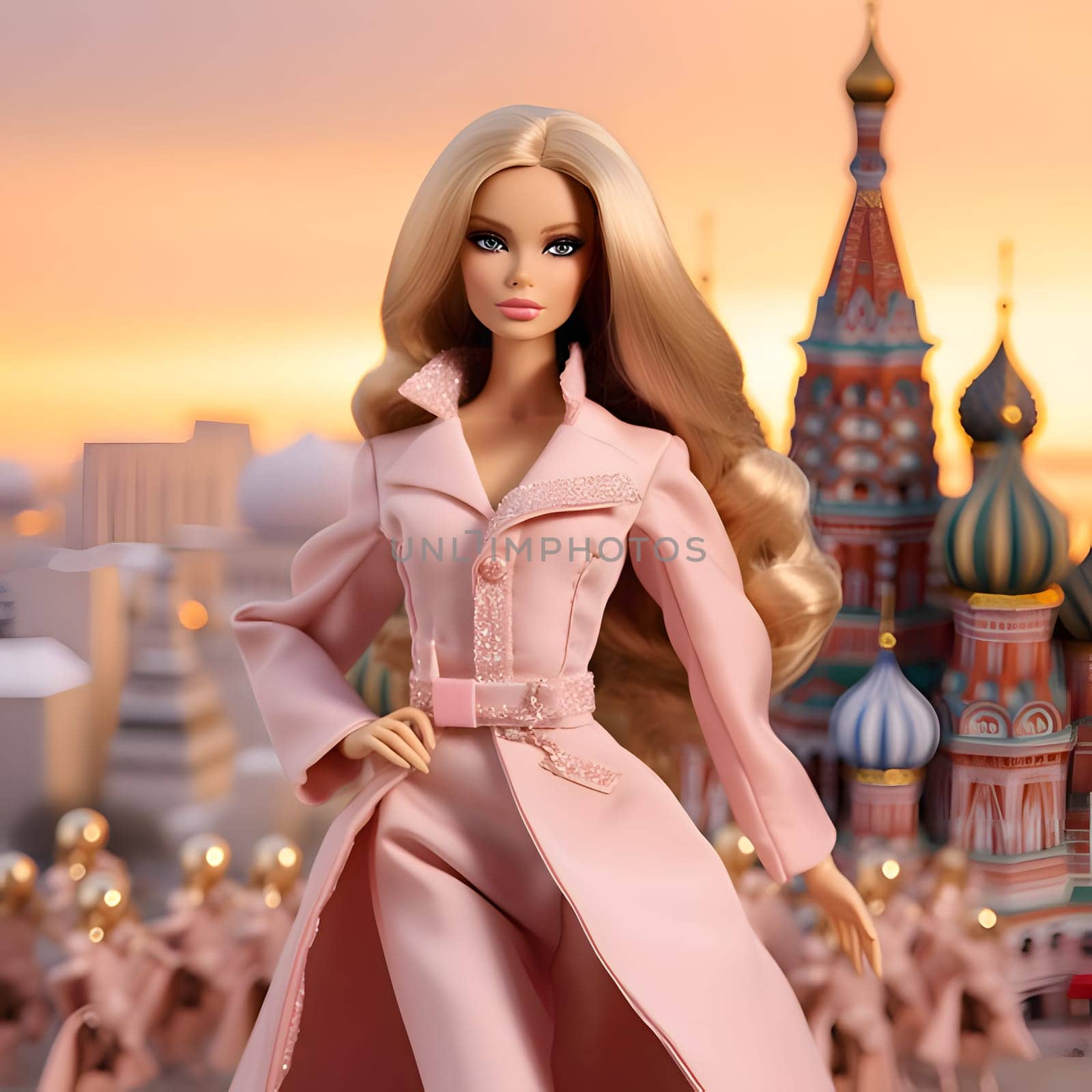 Cute blonde Barbie wearing a pink coat posed against a blurred city background. Front view. by ThemesS