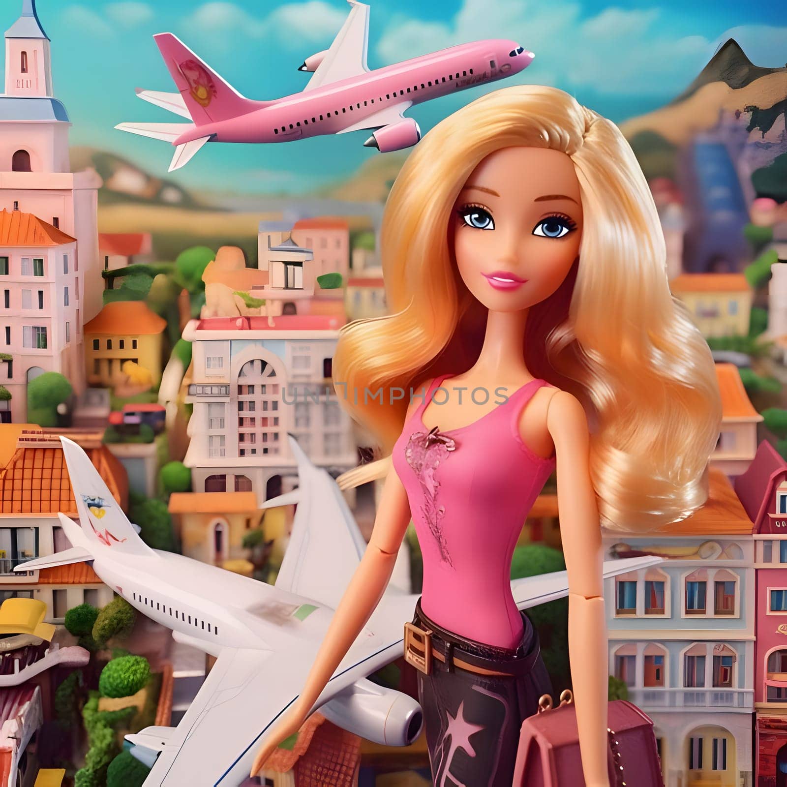 Cute Barbie in pink attire amid the vibrant city backdrop. Her confidence shines as she strikes a pose. Front view captures her charm.